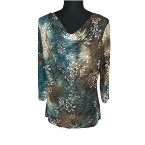 VTG Y2K Brittany Black Forest Fairy Glitter‎ Floral Cowl Neck Blouse Top LARGE